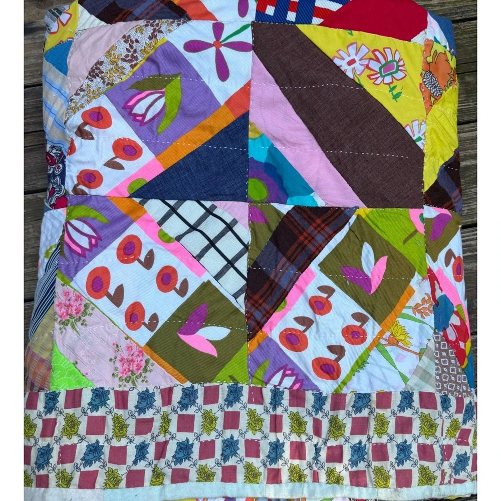 Vintage Handmade Crazy Quilt Patchwork Multi Color Mixed Pattern Folk Art Throw